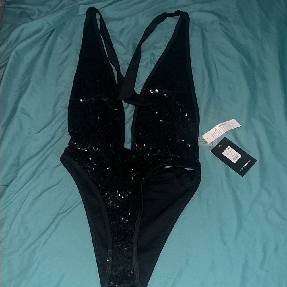 Black Sequin Halter Bodysuit